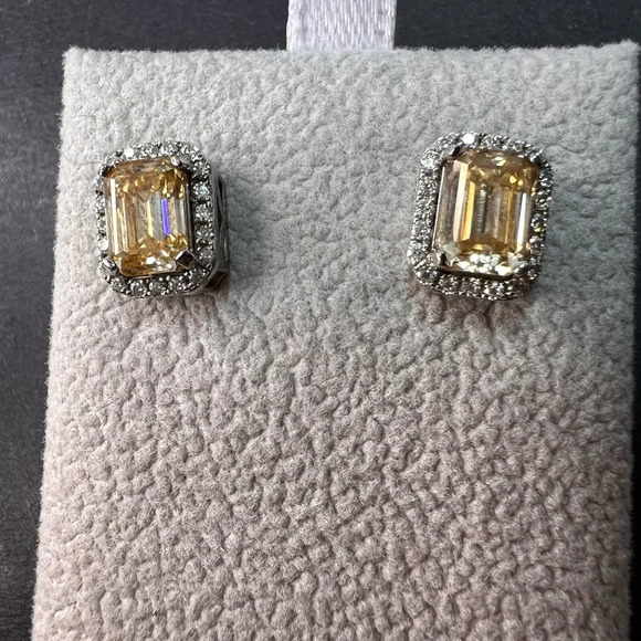 Yellow and white moissanite halo stud earrings in rhodium over sterling silver - Picture 12 of 12